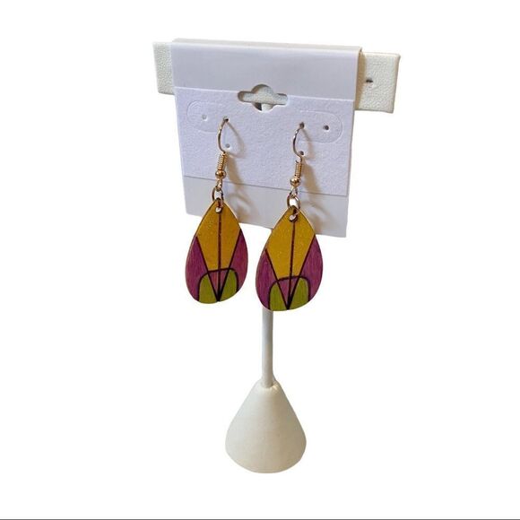 Hand-crafted & painted lightweight wood teardrop shaped Drop earrings. - Picture 3 of 6